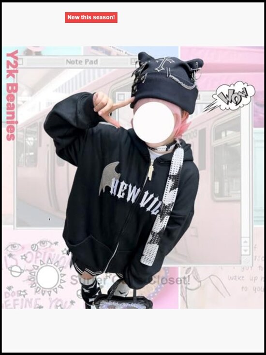 Goth Cat Ear Beanie Hat Punk Y2k Grunge Knitted Streetwear Skullie for Women